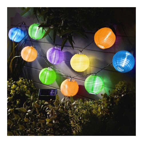 Szolár lampion fényfüzér - 10 db színes lampion, hidegfehér LED - 3,7 m