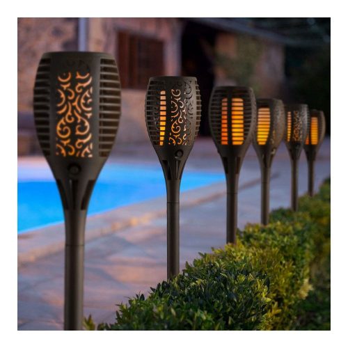 LED-es szolár lámpa - leszúrható - lángeffekt - 12 sárga LED - műanyag - fekete - 10 x 58 cm