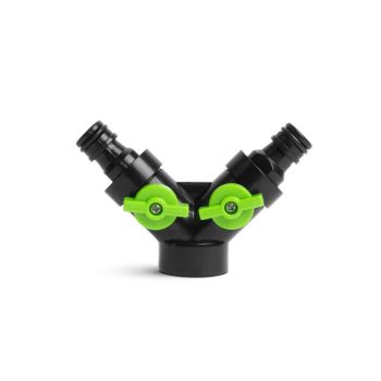   Tömlőcsatlakozó elosztó - 2 ágú csappal - menetes, gyorscsatlakozós - műanyag - 10,5 x 6,7 x 4 cm