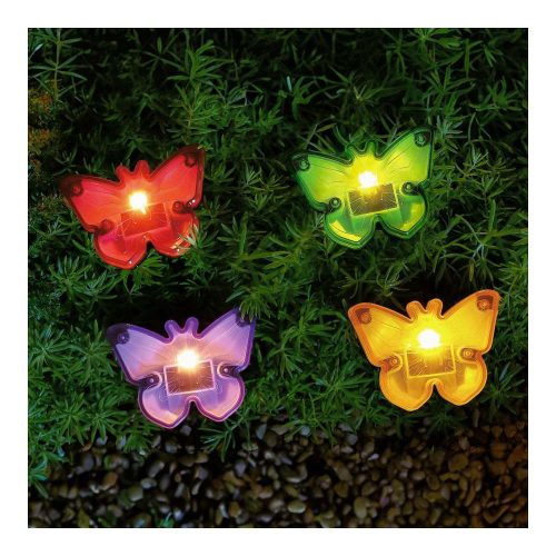 Leszúrható LED szolár - pillangók - színes - fekete - műanyag - 9 x 9 x 8,5 cm