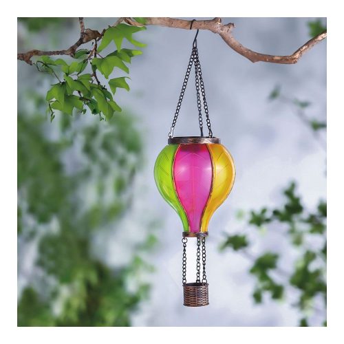 Felakasztható szolár lámpa - hőlégballon - lángeffekt - 12 sárga LED - 11 x 11 x 37 cm