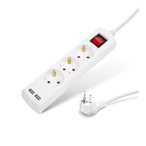 Elosztó 3-as - 3 x 1,5 mm - 1,5 m - 2 x USB-vel - kapcsolós