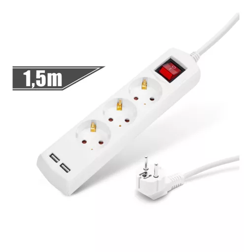 Elosztó 3-as - 3 x 1,5 mm - 1,5 m - 2 x USB-vel - kapcsolós