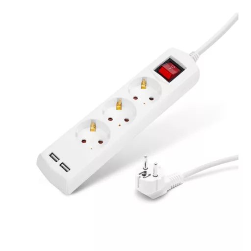 Elosztó 3-as - 3 x 1,5 mm - 1,5 m - 2 x USB-vel - kapcsolós