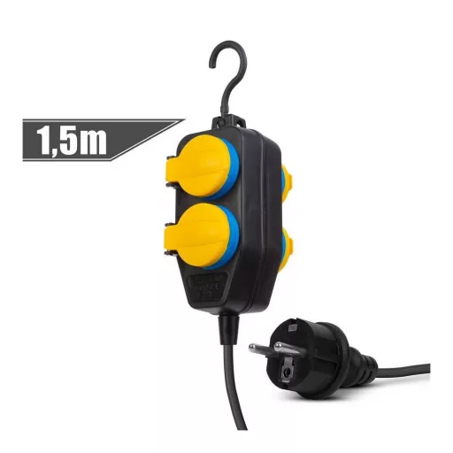 Kültéri elosztó fedéllel - 1,5 m - 4 x 230V - 3 x 1,5 mm2, gumi  - IP44
