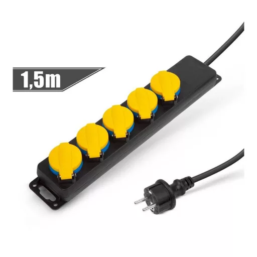 Kültéri elosztó fedéllel - 1,5 m - 5 x 230V - 3 x 1,5 mm2, gumi  - IP44