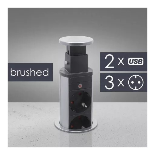 Rejtett elosztó 3-as + 2 USB szálcsiszolt ezüst