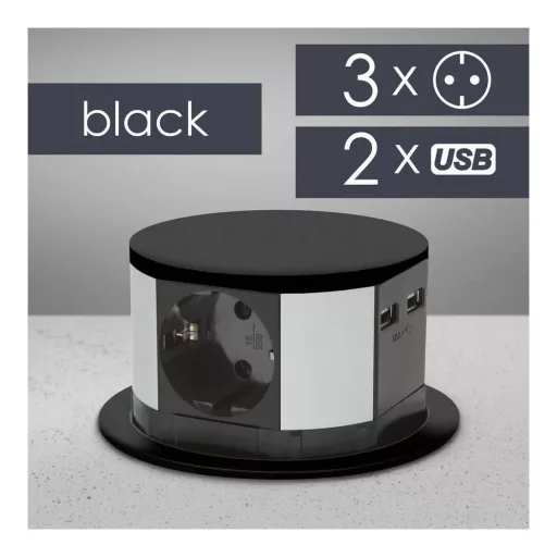 Elosztó - rejtett, 3-as + USB-A + Type-C - fekete