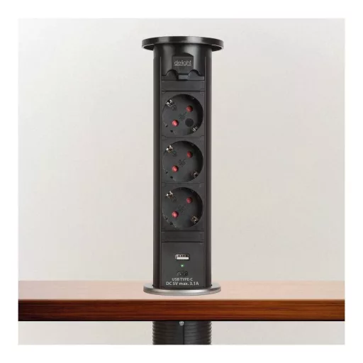 Motoros rejtett elosztó - fekete 3 x 250 V + USB-A, Type-C