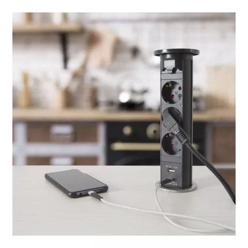 Motoros rejtett elosztó - fekete 3 x 250 V + USB-A, Type-C