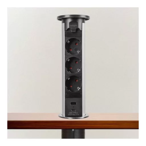 Motoros rejtett elosztó - ezüst 3 x 250 V + 2 x USB