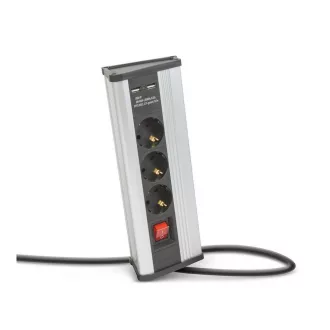  Sarokelosztó - kapcsolós - 3 x 250V, 16A - 2 x USB, 2,1A - alumínium ház