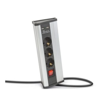   Sarokelosztó - kapcsolós - 3 x 250V, 16A - 2 x USB, 2,1A - alumínium ház