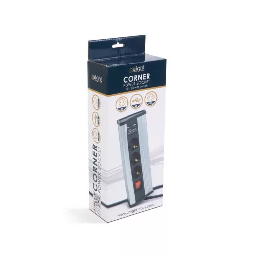 Sarokelosztó - kapcsolós - 3 x 250V, 16A - 2 x USB, 2,1A - alumínium ház