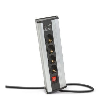   Sarokelosztó - kapcsolós - 4 x 250V, 16A - 2 x USB, 2,1A - alumínium ház