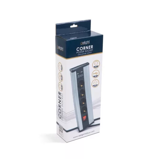 Sarokelosztó - kapcsolós - 4 x 250V, 16A - 2 x USB, 2,1A - alumínium ház