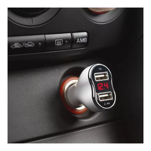 Szivargyújtó adapter - 2 x USB, feszültség - és árammérővel - fehér
