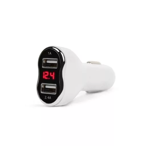 Szivargyújtó adapter - 2 x USB, feszültség - és árammérővel - fehér