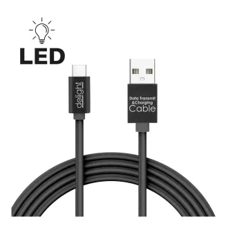 Adatkábel - USB Type-C LED fénnyel fekete - 1 m