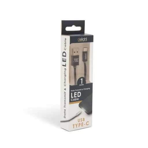 Adatkábel - USB Type-C LED fénnyel fekete - 1 m