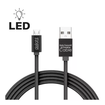 Adatkábel - MicroUSB LED fénnyel fekete - 1 m