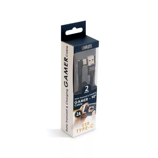 Adatkábel - USB Type-C Gamer 90°-os kialakítás fekete - 2 m - 2 A
