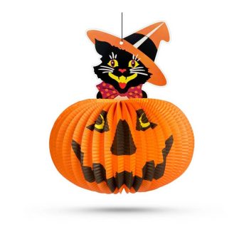   Halloween-i tökös lampion - macskával - akasztható - 26 cm