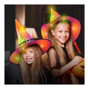   Halloween-i LED-es boszorkány kalap - színes, poliészter - 38 cm