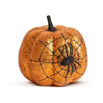  Halloween-i tök dekoráció - narancs glitteres - pókhálóval - 15 cm