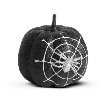   Halloween-i tök dekoráció - fekete glitteres - pókhálóval - 15 cm