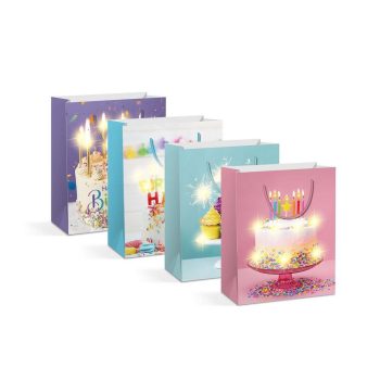   Ajándéktasak - 10 melegfehér LED, papír - 265 x 127 x 330 mm - 4 féle / csomag - 12 db / csomag