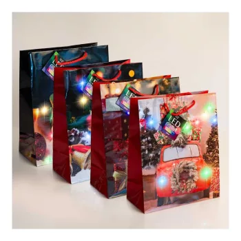   Ajándéktasak - 10 színes LED, papír - 265 x 127 x 330 mm - 4 féle / csomag - 12 db / csomag