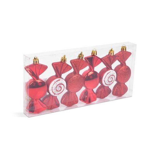 Karácsonyfadísz szett - piros cukor - 10 x 3,6 cm - 6 db / szett