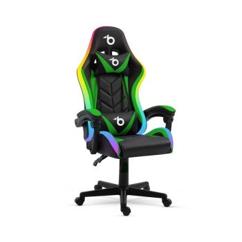   RGB LED-es gamer szék - karfával, párnával - fekete / zöld
