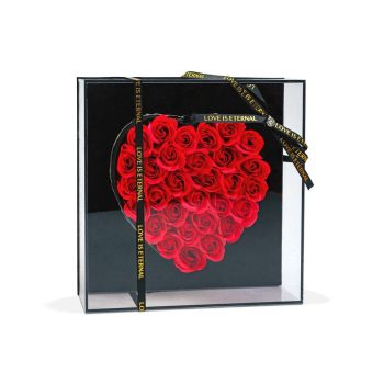   Műrózsák szívalakban díszdobozban - LED-es - 29 x 29 x 6,2 cm